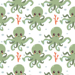 Vector seamless pattern with a cute smiling green octopus hand-drawn on a white background. Marine animals, ocean fish for your design