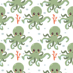 Vector seamless pattern with a cute smiling green octopus hand-drawn on a white background. Marine animals, ocean fish for your design