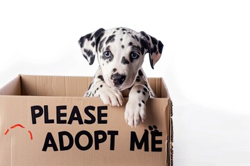 Cute puppy dalmatian on a cardboard box for adoption isolated over white background. Shelter, pedigree, homeless. Generative AI