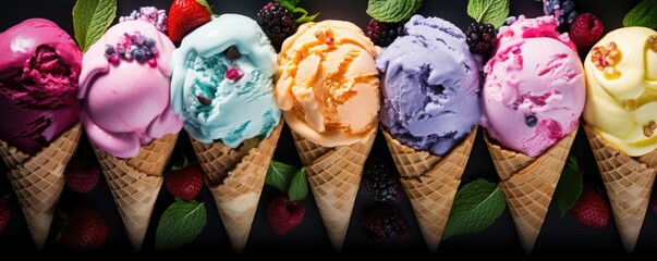 Obraz premium tasty ice cream in waffle cone in different sorts