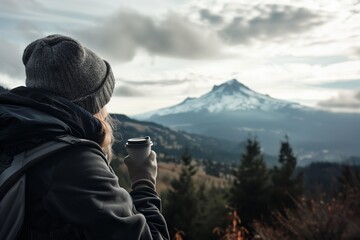 A person in a beanie and gloves holds a hot drink, overlooking a scenic mountain view. Pine trees and cloudy skies create a serene atmosphere.
