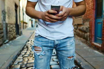 Man in ripped jeans and white t-shirt using a smartphone, standing on a cobblestone street in an urban setting.