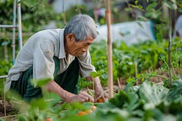 Fototapeta premium Elderly man tending to his vegetable garden, surrounded by lush green plants, focusing on nurturing the crops.