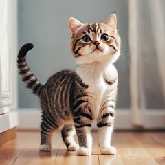 Naklejka premium A white cat with fluffy fur gazes curiously at something off-screen