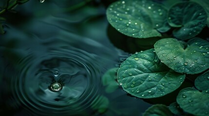 Leaf of a plant touches the water and forms round branches, dark green background