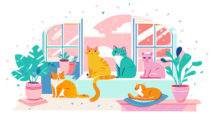 Obraz premium Colorful Illustration of Cats Enjoying a Cozy Window Sill