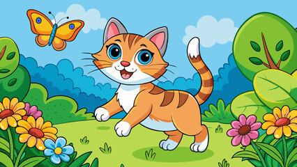 Fototapeta premium Playful Cartoon Cat Chasing Butterfly in Vibrant Nature Scene