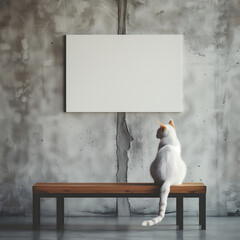 Presentation template. White canvas on concrete wall. White cat on wooden bench.