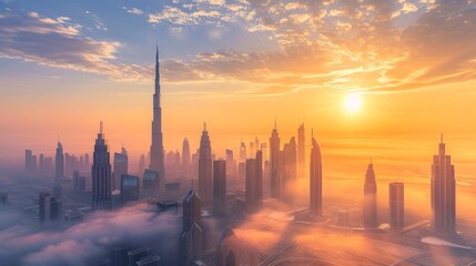 Obraz premium Cityscape at Dawn: A stunning panoramic view of a modern city skyline as the sun rises, illuminating the skyscrapers with a golden hue. The early morning light casts long shadows, creating a dramatic 