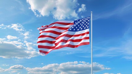 American flag waving in the wind against a blue sky with white clouds