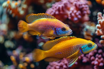 Obraz premium Wrasse fish cleaning parasites off larger marine creatures, showcasing symbiosis. 