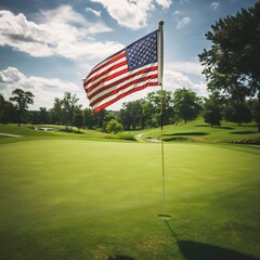 American flag on a golf course in a sunny day, USA.