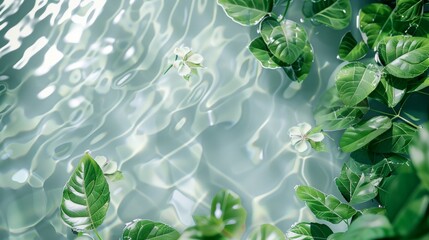 Transparent and clean white water and green leaf background sunlight reflection, top view, beauty backdrop, mock up, 