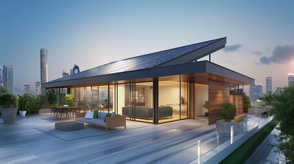 Obraz premium Modern eco friendly passive house with solar panels on rooftop. Home solar panel. Solar panels on roof of modern apartment building in city