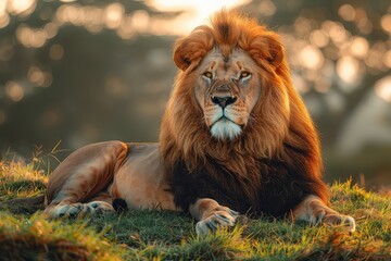 Lion resting in savannah at sunset. Resting in the dying light, the lion emanates an aura of...