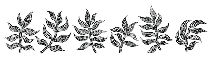 Abstract leaves dotted set on white background.
