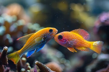 Obraz premium Wrasse fish cleaning parasites off larger marine creatures, showcasing symbiosis. 