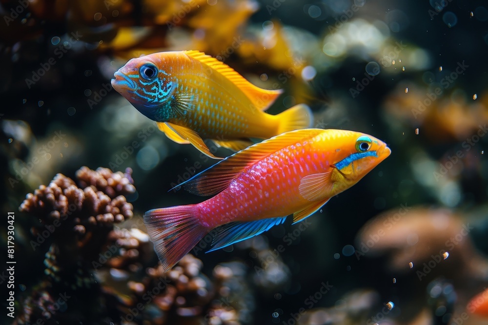 Wall mural Wrasse fish cleaning parasites off larger marine creatures, showcasing symbiosis. 