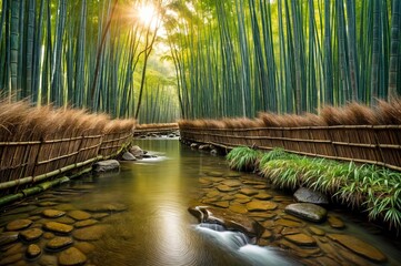 a serene landscape with a gently flowing river, lush green bamboo forests, and a stunning sunrise...