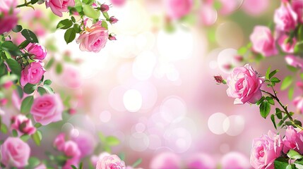 a background adorned with a frame of delicate pink roses and lush green leaves, with blurred bokeh creating a dreamy atmosphere.