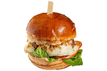 Burger with cutlet, fried onion, spreading sauce and vegetables