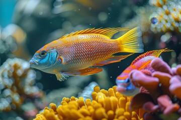 Obraz premium Wrasse fish cleaning parasites off larger marine creatures, showcasing symbiosis. 