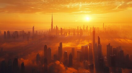 Cityscape at Dawn: A stunning panoramic view of a modern city skyline as the sun rises,...