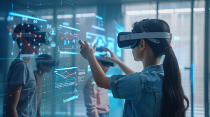 Students interacting through VR headsets, learning platform interface showing personalized learning paths, data analytics, and progress dashboards