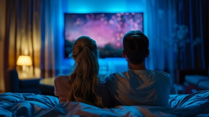 A couple cuddles in bed, watching TV intently together in their comfy hotel room