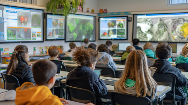 Students learning about climate change, with interactive digital screens displaying global warming data and climate