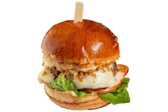 Burger with cutlet, fried onion, spreading sauce and vegetables