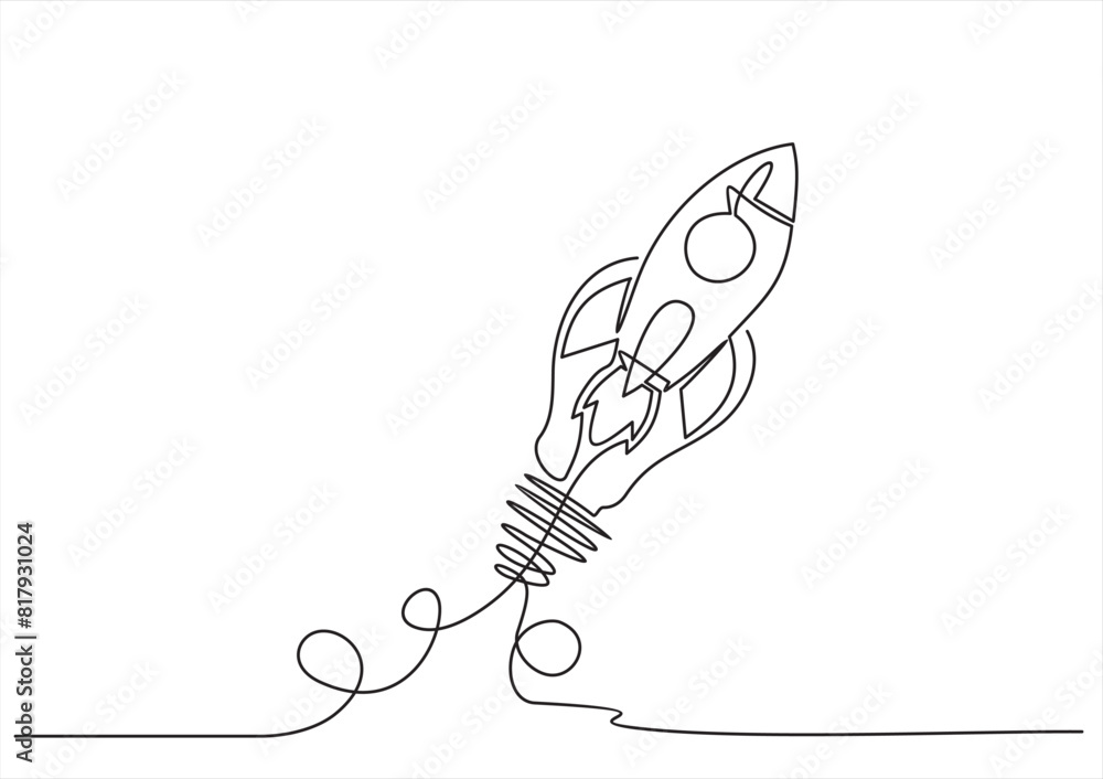 Poster launching a light bulb and rocket in one line drawing style. smart startup project concept. vector i