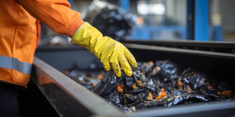 A worker in rubber gloves sorts garbage for recycling