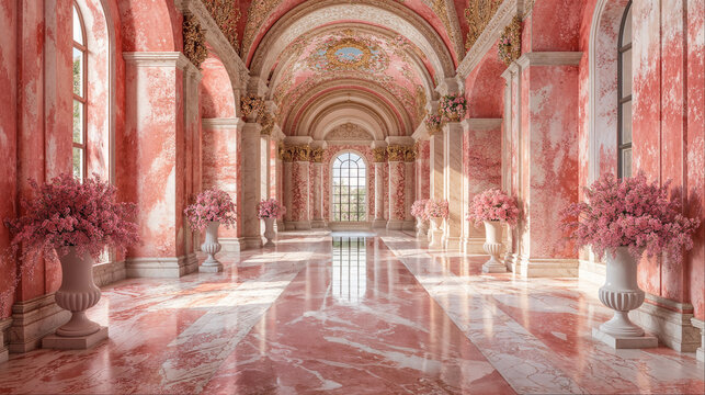 Rococo inspired, a pink palace corridor with stone vases and flowers.