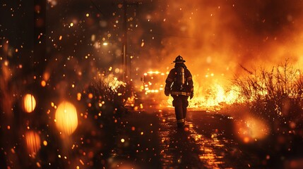 Firefighter Responding to a Fire: A firefighter races to the scene of a fire, sirens blaring and lights flashing, ready to combat the flames and ensure the safety of those in danger 