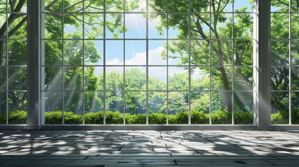 a large window framed in white, revealing lush green trees and a clear blue sky, with a quaint small town in the background.