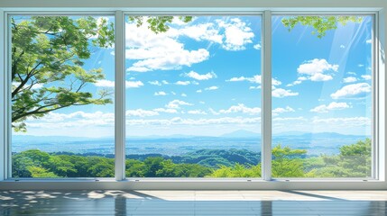 a large window framed in white, revealing lush green trees and a clear blue sky, with a quaint small town in the background.