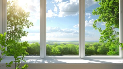 a large window framed in white, revealing lush green trees and a clear blue sky, with a quaint small town in the background.
