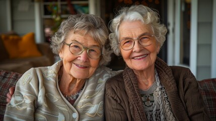 Two elderly women with warm smiles share a moment, capturing the beauty of connections through shared stories and laughter