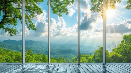 a large window framed in white, revealing lush green trees and a clear blue sky, with a quaint small town in the background.