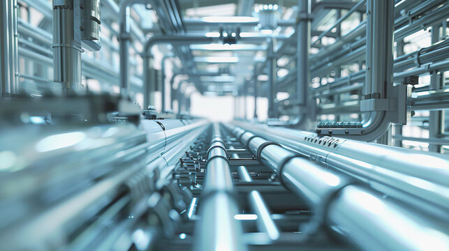 Abstract 3D piping system in industrial factory background.