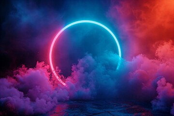 Obraz premium thick puffs of smoke in a dark room with a neon circle light in the center