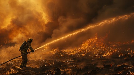 Obraz premium Firefighter Using a Hose: At the site of a fire, a firefighter operates a high-pressure hose, directing a powerful stream of water to extinguish the blaze