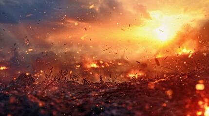 epic war zone landscapes, sparks and splinters of explosions