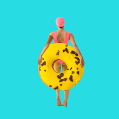 Back view of woman in swimming cap standing with giant donut with marshmallow decoration. Swimming hobby. Contemporary art collage. Concept of summertime, surrealism, abstract creative design, pop art