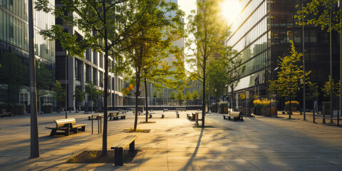 Modern Urban Plaza at Sunrise with Benches and Young Trees in a Business District