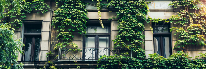 Historic Urban Building with Ivy Clad Facade and Vintage Windows and Balcony
