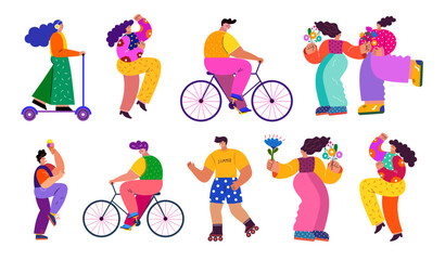 Fun vector active happy people. Big summer set with people. Happy people dance, rejoice, walk, rollerblade, bike, scooter.