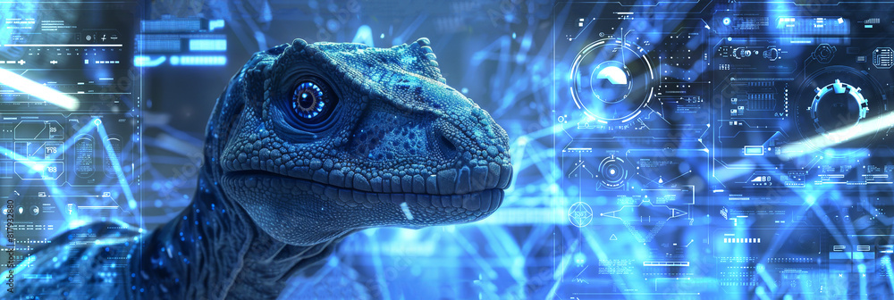 Aufkleber A robotic dinosaur or lizard pet toy with a smiling expression, mixed with 3D digital illustration and matte painting