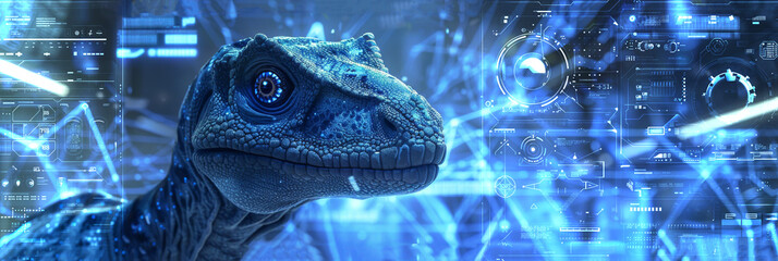 A robotic dinosaur or lizard pet toy with a smiling expression, mixed with 3D digital illustration and matte painting